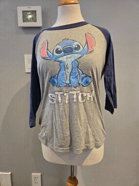 Disney Lilo & Stitch Raglan Baseball Tee | Size Large | Gray & Blue